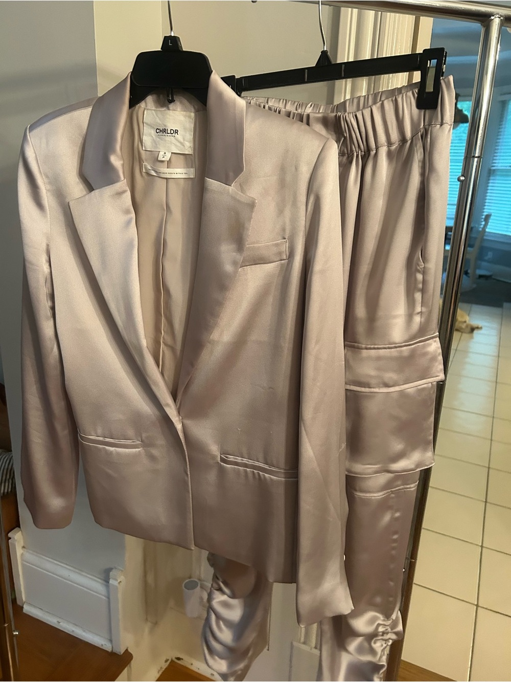 CHRLDR Satin Cargo Joggers in Silver - Picture 2 of 5